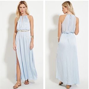Satin high slit light blue maxi dress